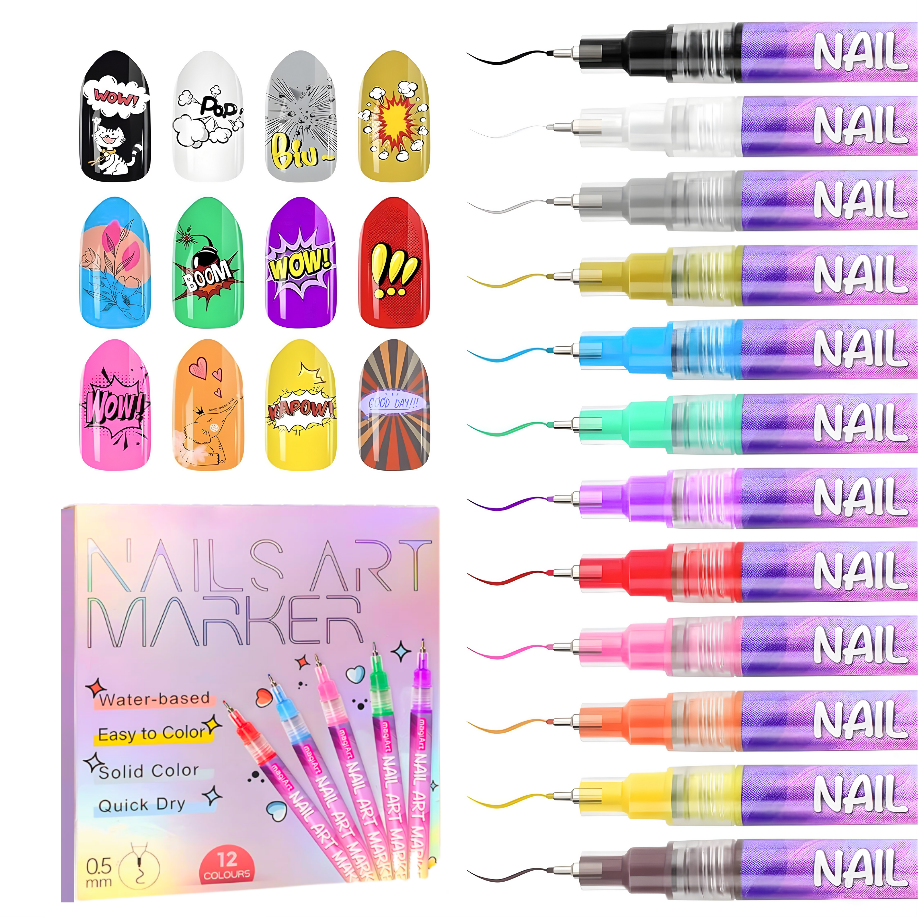 12 Colors Nail Art Pens Set For Beginner and Professional Nail Artists